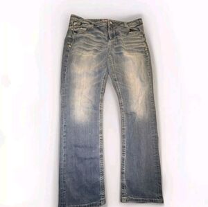 Salvage Mayhem Straight Jeans Mens 38L Blue Distressed Embroidered Stret…